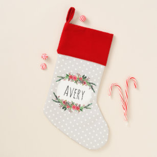 Kids Girly Chic Flower Wreath and Name Christmas Stocking