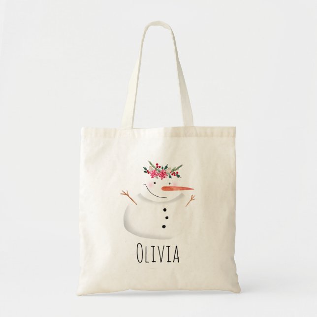Kids Girly Christmas Flower Snowman and Name Tote Bag (Front)