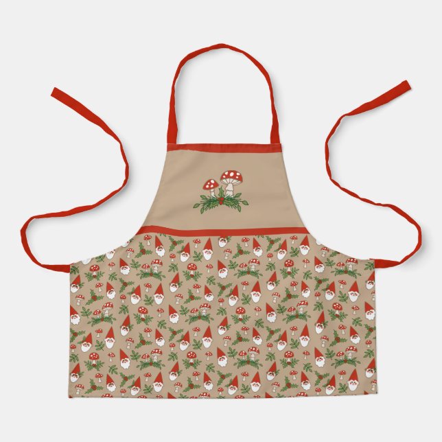 Kids' Gnomes and Mushrooms on Tan Woodland Holiday Apron (Front)