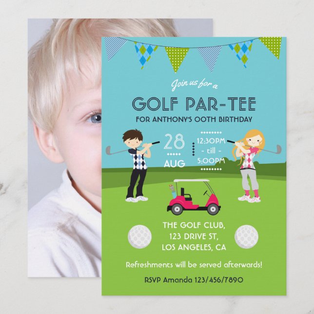 Kids Golf Theme Birthday Party Photo Invitation (Front/Back)