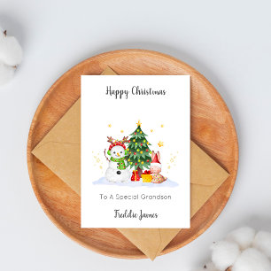 Kids Grandson Snowman Rabbit Christmas Card