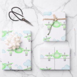 Kids Green Airplane Flying Aviation Birthday Wrapping Paper Sheet