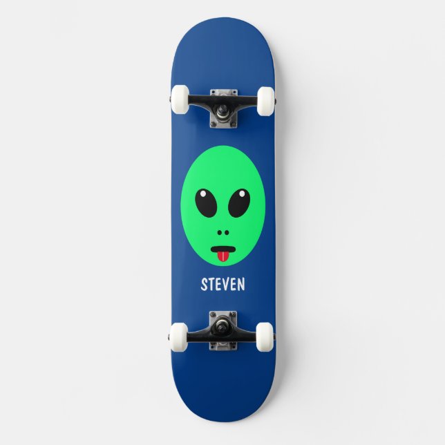 Kids Green Alien Personalised Skateboard (Front)