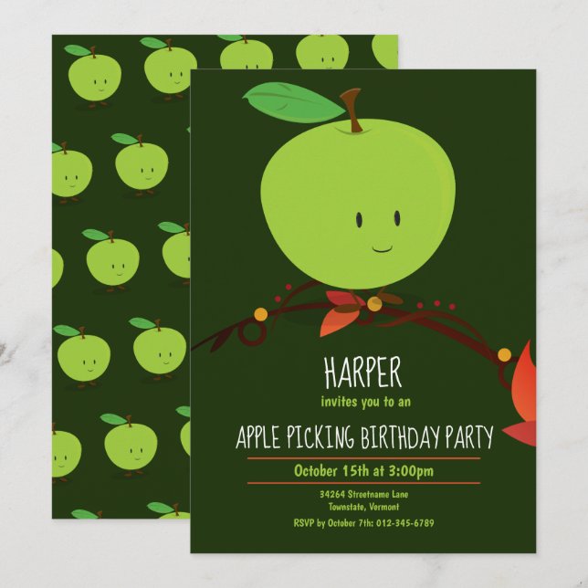 Kid's Green Apple Picking Birthday Party Invitation (Front/Back)