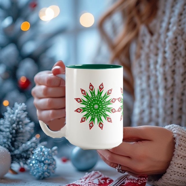 Kid's Green Christmas Snowflakes Party Mug (Personalized Kid's Green Christmas Snowflakes Fun Two-Tone Coffee Mug)