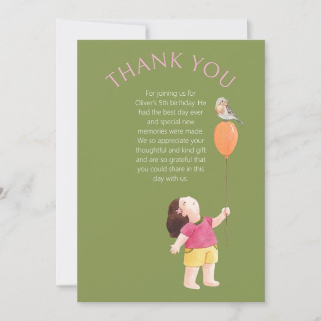 Kids Green Pink Birthday Picnic Thankyou Card (Front)
