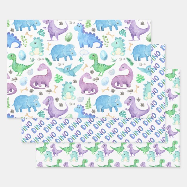 Kids' Green Purple Blue Dinosaurs  Wrapping Paper Sheet (Set)