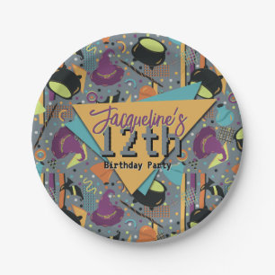 Kids Grey Retro Witchy Halloween Birthday Paper Plate