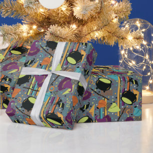 Kids Grey Retro Witchy Halloween Birthday Wrapping Paper