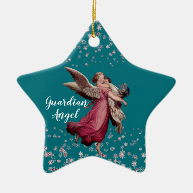 Kid's Guardian Angel in Blue Christmas Theme Star Ceramic Tree Decoration (Front)