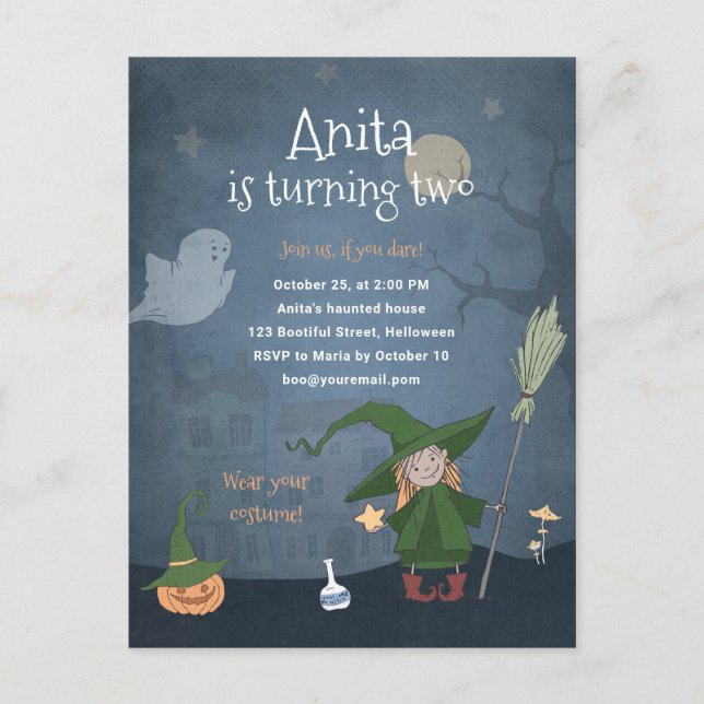 Kids Halloween Birthday Party Childrens Girl Cute Invitation Postcard (Front)