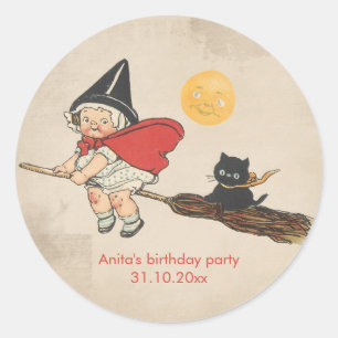 Kids Halloween Birthday Party Cute Witch Broom Cat Classic Round Sticker