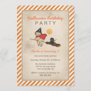 Kids Halloween Birthday Party Cute Witch Broom Cat Invitation