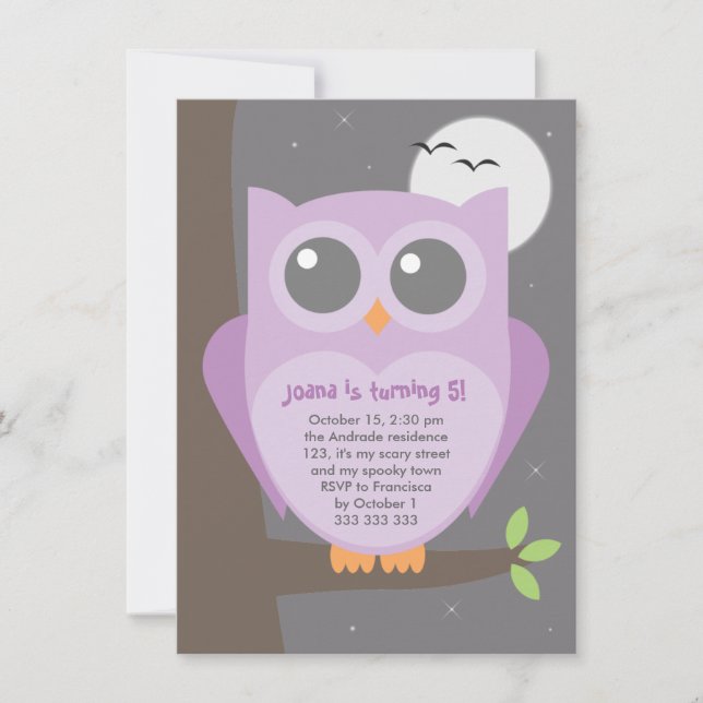Kids Halloween Birthday Party Purple Owl Tree Invitation (Front)