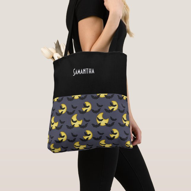 Kids Halloween Black Bats Flying Moon Night Name Tote Bag (Close Up)