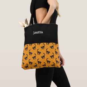 Kids Halloween Black Cats Orange Dots Name Tote Bag