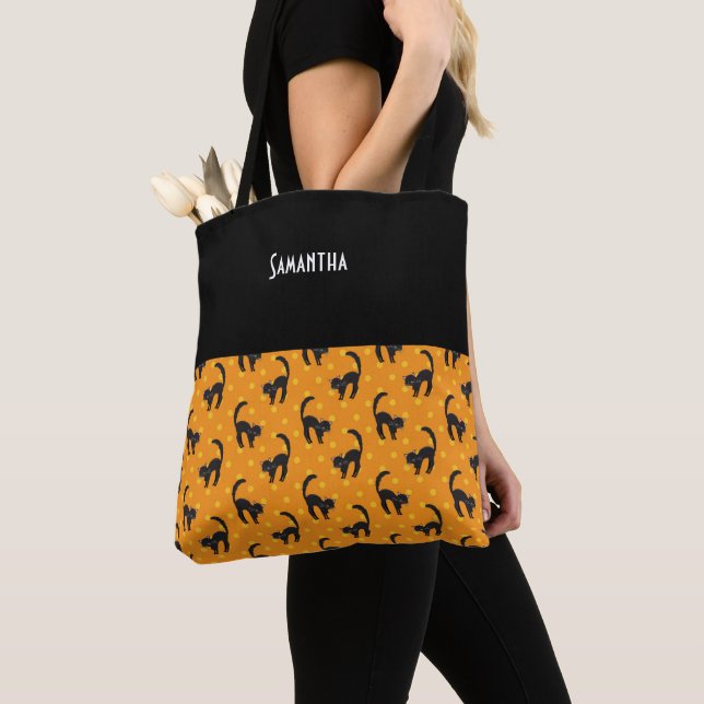 Kids Halloween Black Cats Orange Dots Name Tote Bag (Close Up)