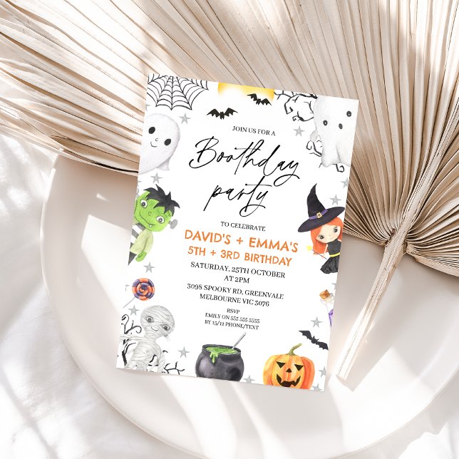 Kids Halloween Boothday Party Join Birthday Invitation (Kids Joint Halloween Birthday Party Invitation, Halloween Boothday Party Invitation, Frankenstein)