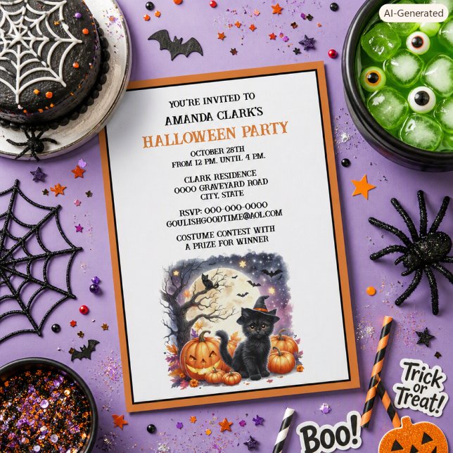 Kids Halloween Cute Black Cat Pumpkins Party  Invitation (Creator Uploaded)