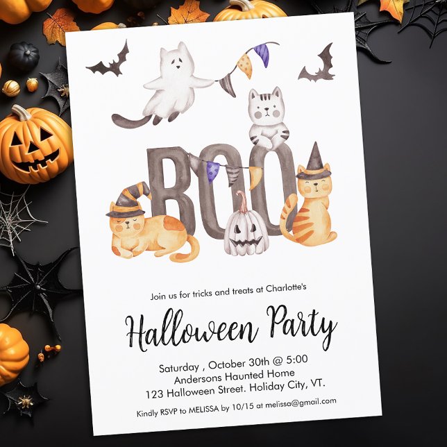 Kid's Halloween Cute Cats Ghosts Pumpkin Party Invitation (Creator Uploaded)