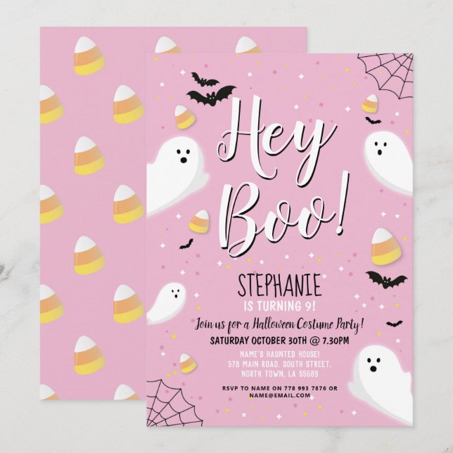 Kids Halloween Party Costume Hey Boo Ghost Pink Invitation (Front/Back)