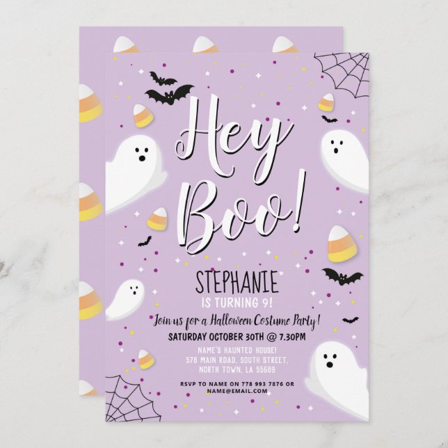 Kids Halloween Party Costume Hey Boo Ghost Purple Invitation (Front/Back)