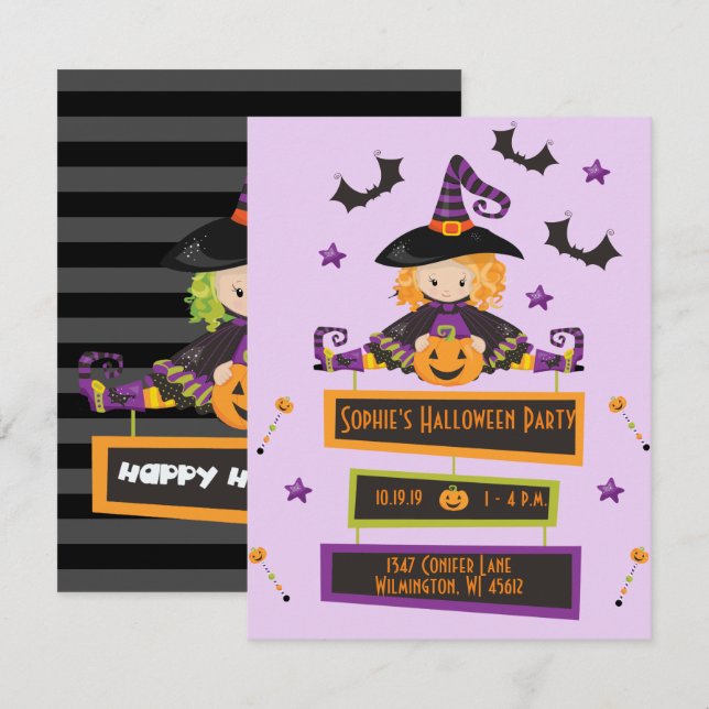Kids Halloween Party Invitations Witch Invites (Front/Back)