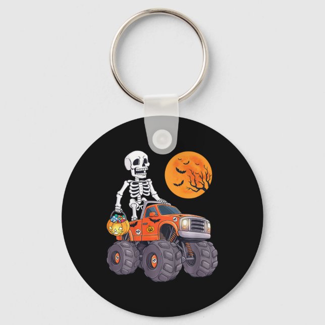 Kids Halloween Skeleton Riding Monster Truck Funny Key Ring (Front)