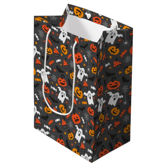 Kids Halloween Spider Webs Ghosts Cupcakes Pumpkin Medium Gift Bag (Front Angled)