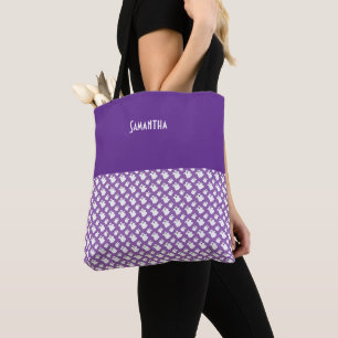 Kids Halloween Spooky White Ghosts on Purple Name Tote Bag