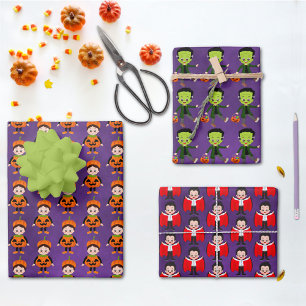 Kids’ Halloween Vampire, Pumpkin, & Frankenstein  Wrapping Paper Sheet