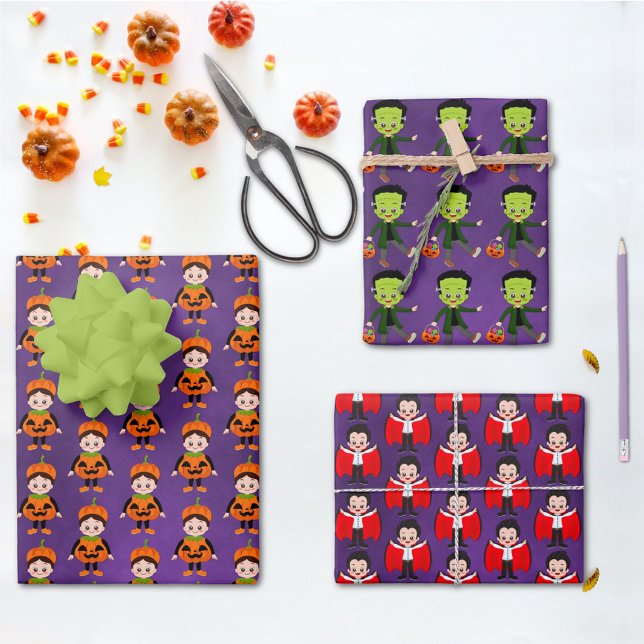Kids’ Halloween Vampire, Pumpkin, & Frankenstein  Wrapping Paper Sheet (Creator Uploaded)