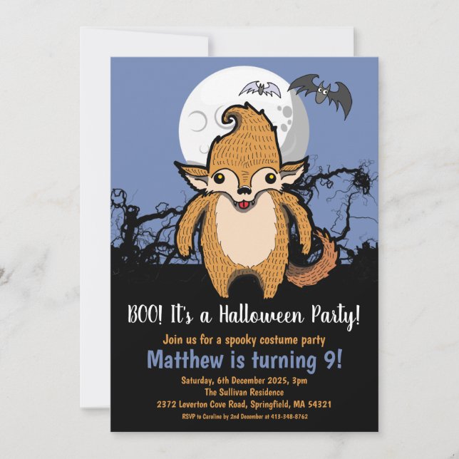 Kids Halloween Werewolf Full Moon Birthday Invitation (Front)
