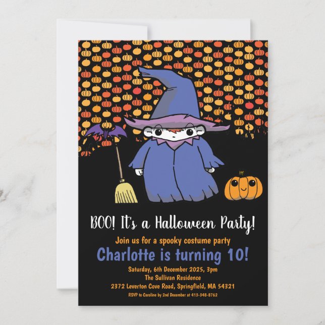 Kids Halloween Witch Pumpkin & Bats Birthday Invitation (Front)