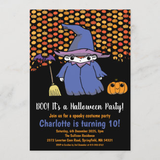 Kids Halloween Witch Pumpkin & Bats Birthday Invitation