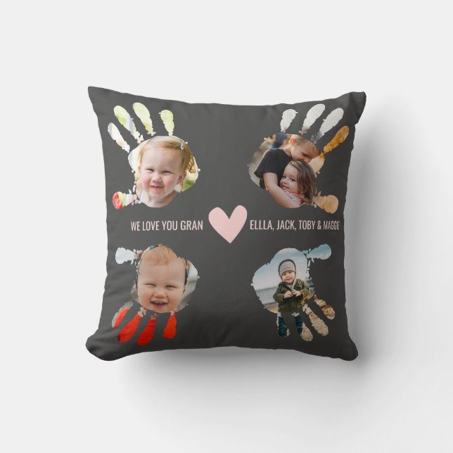 Kids Hand Print Photo Collage Love Granny Message Cushion (Front)