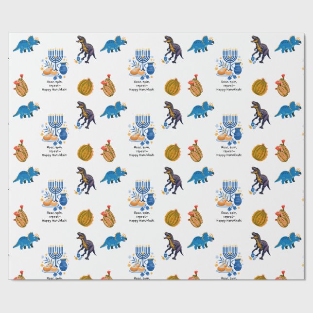 Kids Hanukkah Wrapping Paper – Dinosaurs dreidel (Flat)