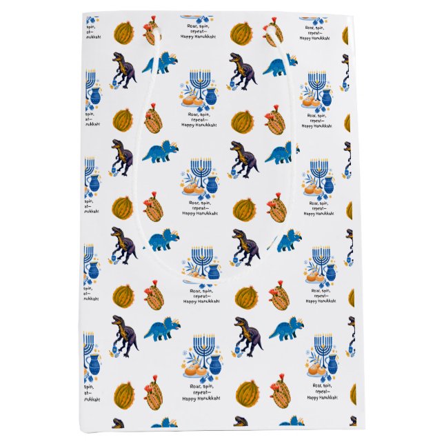 Kids Hanukkah Wrapping Paper – Dinosaurs dreidel Medium Gift Bag (Front)