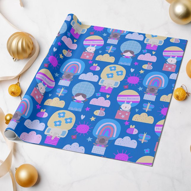 Kids Happy Birthday Blue Pink with Cute Animals Wrapping Paper (Creator Uploaded)