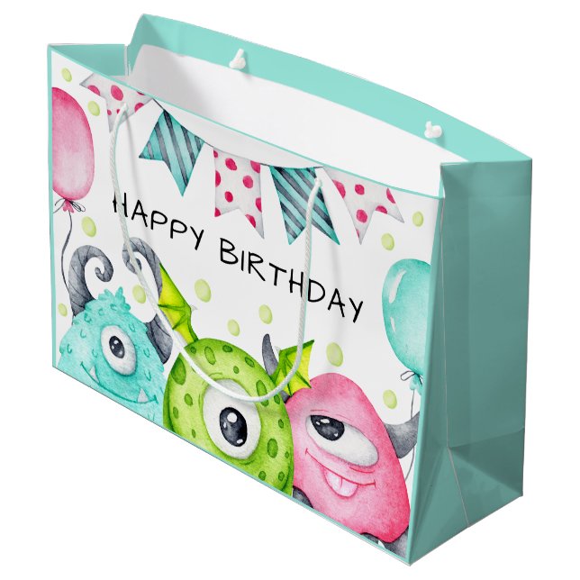 Kids Happy Birthday Cute Monsters Large Gift Bag (Back Angled)