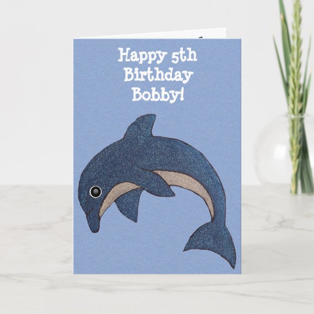 Kids Happy Birthday Fun Shiny Blue Jumping Dolphin Card (Front)