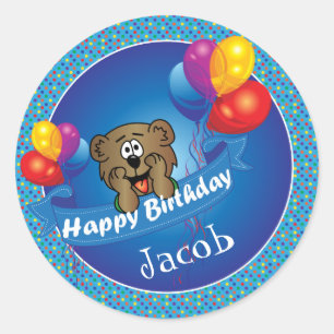 Kid's Happy Birthday Polka Dot Bear Classic Round Sticker