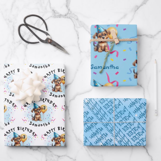 Kids Happy Birthday Puppy Wrapping Paper Set of 3 (Front)