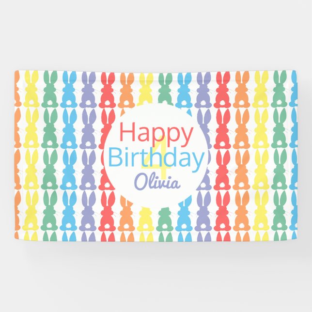 Kids Happy Birthday Rainbow Bunny Personalised Banner (Horizontal)