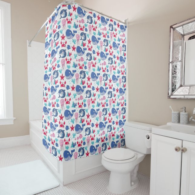 Kids Happy Blue Whales Shower Curtain (In Situ)