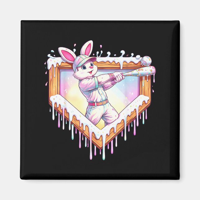 Kids happy easter bunny playing baseball boy ice magnet (Front)