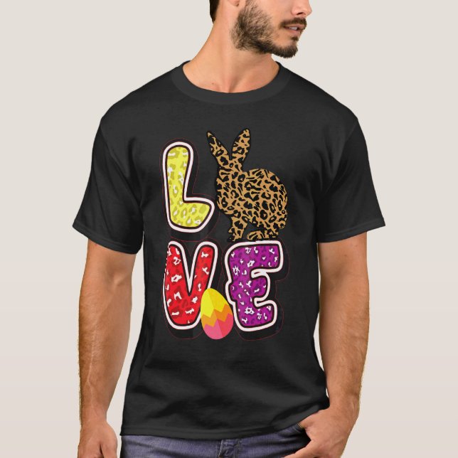 Kids Happy Easter Love Leopard Bunny Ears Funny Eg T-Shirt (Front)