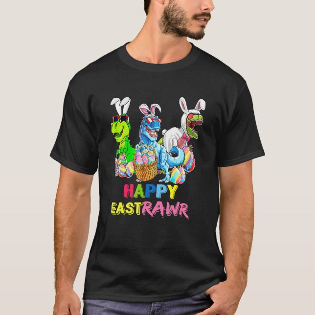 Kids Happy Easter T Rex Dino With Bunny Ears Egg B T-Shirt (Front)