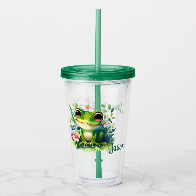 Kids Happy Green Frog Acrylic Tumbler (Front)