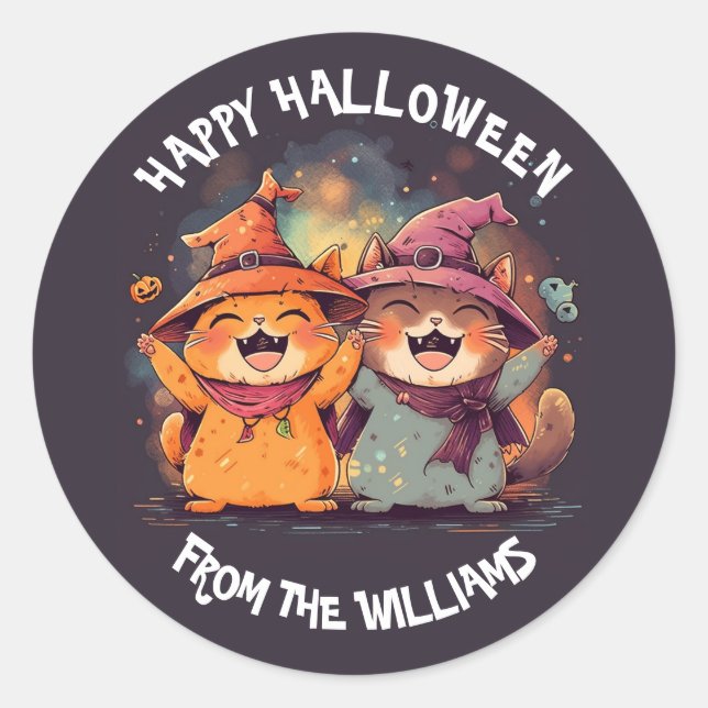 Kids Happy Halloween Cute Cartoon Cat Witch Classic Round Sticker (Front)